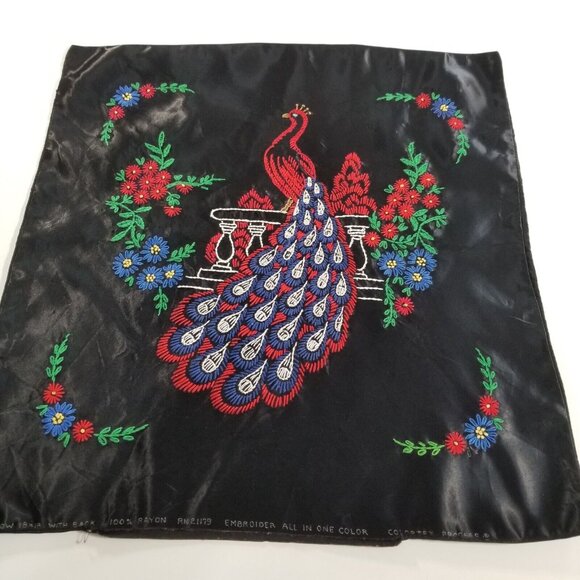 Peacock Satin Throw Pillow Cover Hand Embroidered 16X17 Black Red - Picture 3 of 11